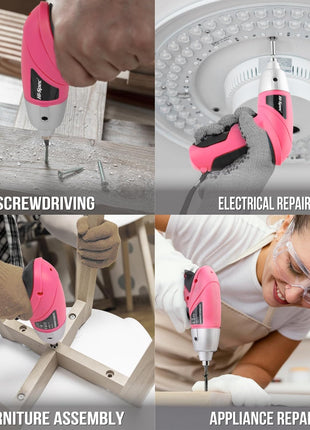 Hi-Spec Small Electric Screwdriver, Mini Drill Set, Rechargeable 3.6V Cordless Screwdriver with 26 Driver Bits, Power Tool for Small Projects & Home Use, Pink