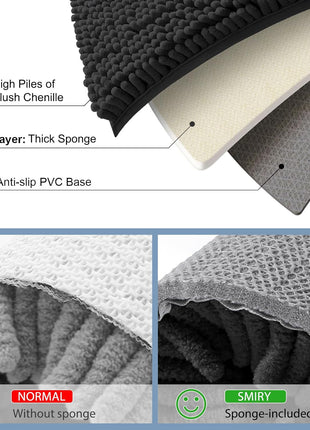 Smiry Luxury Chenille Bathroom Rugs 30x20, Extra Soft and Absorbent Shaggy Bath Mat, Machine Washable, Non Slip Plush Carpet Runner for Tub, Shower, and Floor, Home Decor Accessories, Black