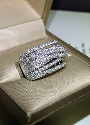 S925 Sterling Silver Luxury Fashion Shiny Full Diamond Multilayer Geometric Ring Cubic Zirconia Rings Anniversary Ring CZ Diamond Eternity Engagement Wedding Rings Women Jewelry Size 6-10 CZC704
