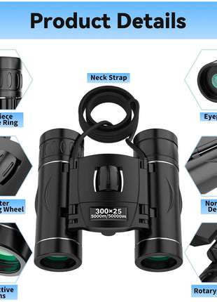 300x25 Binoculars for Adults and Kids, High Powered Mini Pocket Binoculars with Phone Adapter, Waterproof Compact Telescope for Bird Watching, Hunting, Concert, Theater, Opera, Traveling, Sightseeing