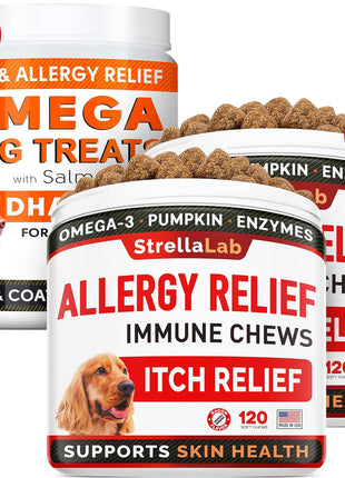 Omega 3 + Allergy Relief Dogs Bundle - Allergy & Itch Relief Skin&Coat Supplement + Itchy Skin Treatment - Omega 3 & Pumpkin - Hot Spots Treatment + Itching & Licking Treats - 420 Chews - Made in USA