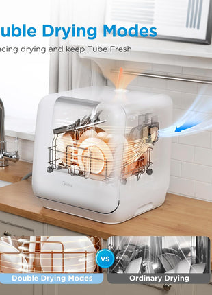 Midea Countertop Dishwasher with 1.59Gal Built-in Water Tank, 5+2 Programs | Portable Dishwasher, Auto-Open Door & Dual Drying, Energy-Saving and Odor Removal, Perfect for Apartments, Dorms& RVs, White