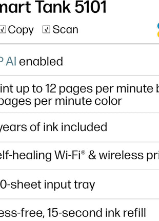 HP Smart Tank 5101 Wireless All-in-One Refillable Printer, Scanner, Copier with 2 Years of Ink Included, Wireless (2.4ghz only) Printer-for-Home use (1F3Y0A)