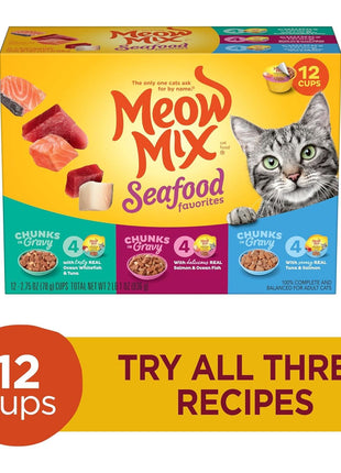 Meow Mix Seafood Favorites Chunks in Gravy Wet Cat Food Variety Pack, 2.75 Ounce (Pack of 12)