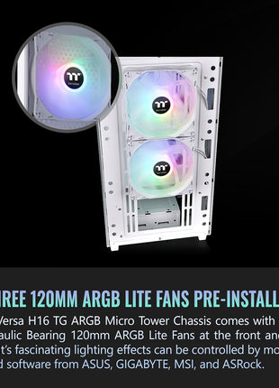 Thermaltake Versa H16 TG ARGB Snow Micro ATX Tower Case; Tempered Glass Side Panel; 3 Pre-Installed ARGB Fans; CA-1Y8-00S6WN-01; 3 Year Warranty