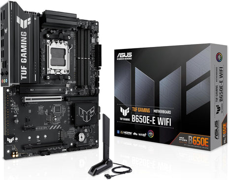 ASUS TUF GAMING B650E-E WIFI AMD AM5 B650 ATX motherboard, 8+2+1 80A DrMOS stage, DDR5, PCIe 5.0 Ready, 3x M.2, Wi-Fi 6E, 2.5 Gb LAN, DisplayPort, HDMITM, USB 20Gbps Type-C®, BIOS FlashBackTM, Aura Sync