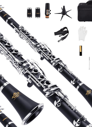 YANASON Bb clarinet for beginners, Bb nickel-plated 17-keys clarinet, suitable for students, professionals, school bands with Hard Foam Case,Barrels*2,Pads*8,Stand, Cleaning Kit,Gloves,Strap,Reeds*8