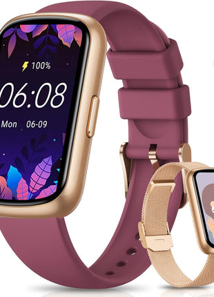 Fitness Trackers,Smart Watches for Men Women with 24/7 Heart Rate/Sleep Monitor, Fitness Watch with IP68 Waterproof, Health Activity Trackers for Android and iPhone Burgundy-Gold