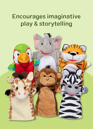 Melissa & Doug Safari Buddies Hand Puppets, Set of 6 (Elephant, Tiger, Parrot, Giraffe, Monkey, Zebra) Soft, Plush Puppet, Stuffed Animals, Pretend Play Toddler Toys for Girls & Boys 2+