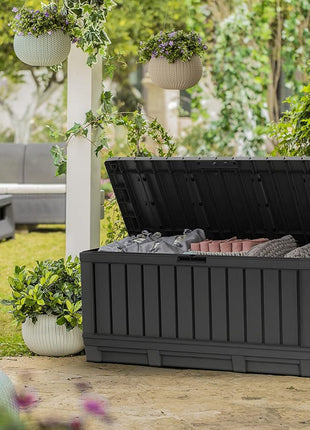 Keter Kentwood 92 Gallon Resin Deck Box-Organization and Storage for Patio Furniture Outdoor Cushions, Throw Pillows, Garden Tools and Pool Floats, Dark Grey
