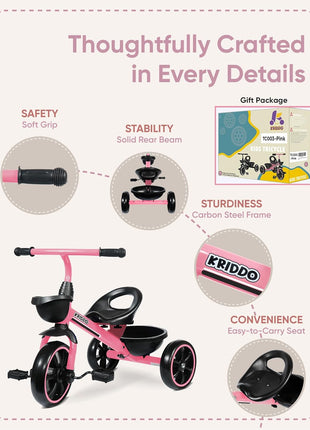 KRIDDO Toddler Tricycle for Toddlers Age 2-5, Tool-Free Trike | Tricycles for 3-5 Year Olds, Pink, Easy to Assemble, 2 Year Old Girl Birthday Gift, Outdoor Toys