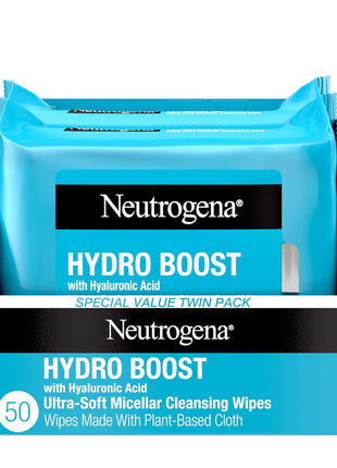 Neutrogena Hydro Boost Ultra-Soft Micellar Cleansing Wipes with Hyaluronic Acid, Hydrating Makeup Remover Wipes Remove Dirt & Waterproof Makeup, Hypoallergenic, Plant-Based Cloth, 2 x 25 ct
