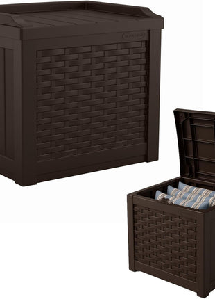 Suncast Outdoor Deck Box - 22 Gallon Java Resin Outdoor Storage Box, Weatherproof Patio Storage Bin Container for Seating & Organizing Cushions, Tools & Towels for Pool, Yard, & Garden