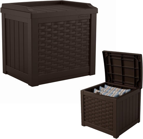 Suncast Outdoor Deck Box - 22 Gallon Java Resin Outdoor Storage Box, Weatherproof Patio Storage Bin Container for Seating & Organizing Cushions, Tools & Towels for Pool, Yard, & Garden