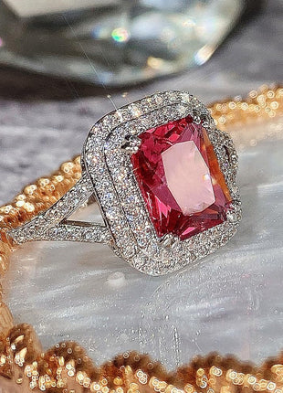 Vintage 925 Sterling Silver Promise Rings for her,Ruby Ring Cocktail Rings Square Cut Red Gemstone Cubic Zirconia Anniversary Promise Ring Halo Ring Eternity Engagement Wedding Band Ring for Women 10