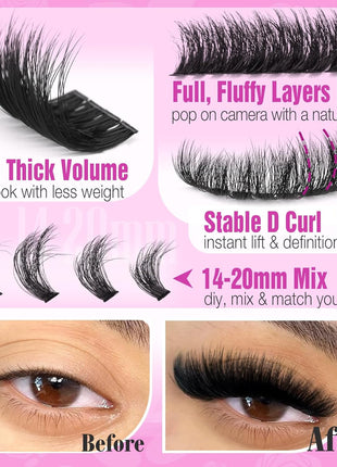 Yawamica Fluffy Lash Clusters Thick 200D Volume Eyelash Clusters 14-20mm Wispy Individual Lashes D Curly Cluster Eyelash Extensions 240pcs DIY Lash Extension for Beginners
