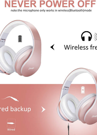 ZIHNIC Bluetooth Headphones Over-Ear, Foldable Wireless and Wired Stereo Headset Micro SD/TF, FM for Cell Phone,PC,Soft Earmuffs &Light Weight for Prolonged Wearing(Rose Gold)