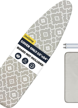 UniSimp Ironing Board Cover and Pad 15"x54" Extra Thick Natural Cotton, Scorch and Stain Resistant Padding, Standard Size Iron Board Cover with Fasteners Heavy Duty Elastic Edge, Heatproof Geometric