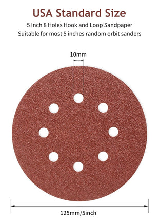 SUPBICCO 5 Inch 8 Hole Sanding Discs Hook and Loop, 50 PCS 60 Grit Round Sand Paper Disc, Aluminum Oxide Sandpaper Pads for Random Orbital Sander