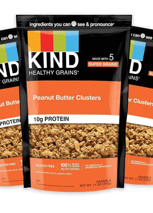KIND Healthy Grains Granola, Peanut Butter Clusters, Healthy Snacks, Gluten Free, 100% Whole Grains, 10g Protein, 11oz, 3 Count