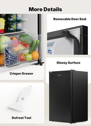 Upstreman 3.2 Cu.Ft Mini Fridge with Freezer, Quiet Efficient Small Fridge, Compact Refrigerator with Adjustable Thermostat, for Dorm, Bedroom, Office, Black-BR321