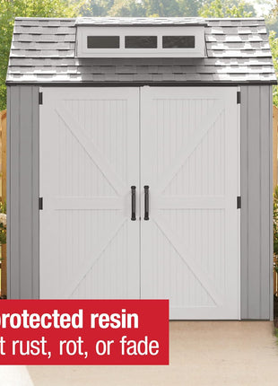 Rubbermaid Resin Outdoor Storage Shed With Floor (7 x 7 Ft) Weather Resistant Gray Organization for Home/Backyard/Garden Tools/Lawn Mower/Bike Storage/Pool Supplies