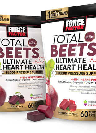 Bundle of Force Factor Total Beets Ultimate Heart Health Blood Pressure Support Chews with CoQ10, Beet Root Powder, Grape Seed Extract, Blood Pressure Supplement for Circulation & Blood Flow, 60 Soft