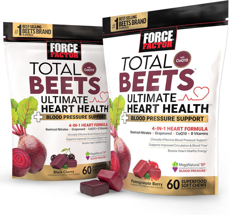 Bundle of Force Factor Total Beets Ultimate Heart Health Blood Pressure Support Chews with CoQ10, Beet Root Powder, Grape Seed Extract, Blood Pressure Supplement for Circulation & Blood Flow, 60 Soft