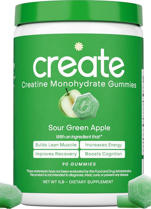 Creatine Monohydrate Gummies for Men & Women   Boost Focus, Strength, and Endurance, Anti Melting Formula, Vegan, Gluten Free, Non GMO, 1.5 Gram Creatine per Gummy (Sour Green Apple, 90 ct)