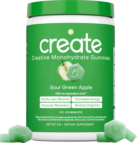 Creatine Monohydrate Gummies for Men & Women   Boost Focus, Strength, and Endurance, Anti Melting Formula, Vegan, Gluten Free, Non GMO, 1.5 Gram Creatine per Gummy (Sour Green Apple, 90 ct)
