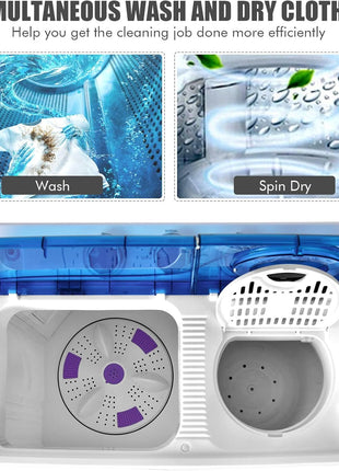 COSTWAY Portable Washing Machine, Twin Tub 26lbs Capacity Laundry Washer, 18lbs Washer and 8lbs Spinner Combo with Timer Knobs, Built-in Drain Pump, Compact Washer for Home Dorm Apartment, Blue+White