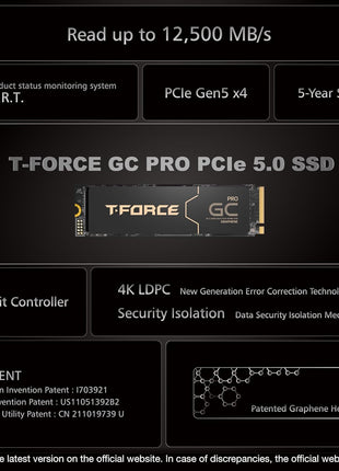 TEAMGROUP T-Force GC PRO 2TB Graphene Heatsink DRAM SLC Cache 3D TLC NAND NVMe InnoGrit PCIe Gen5x4 M.2 2280 Gaming Internal SSD Read/Write 12500/11000 MB/s TM8FFL002T0C129