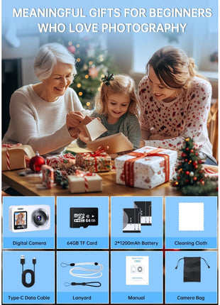 WABL Digital Camera, 4K 64MP UHD Dual Screens Camera, 18X Zoom, Portable Small Point and Shoot Digital Cameras with 64GB TF Card, 2 Rechargeable Batteries for Kids, Teens, Adult, Selfies, Gifts- White