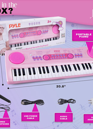 Pyle, Electric Keyboard 49 Keys-Portable Digital Musical Karaoke Piano Keyboard-100 Tunes/Rhythms, 50 Demos, Rechargeable Battery-Wired Microphone-Beginners Kids Adult Pink PKBRD4912PK.3