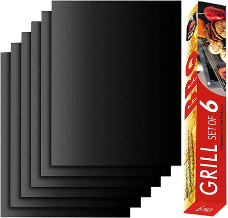 Grill Mat Set of 6, Non-Stick, 15.75 x 13 Inch, Black | Reusable Mats for Gas, Charcoal, or Electric Grills, Easy to Clean