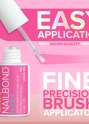 Super Strong Nail Glue for Press On Nails, Nail Tips & Acrylic Nails (8ml) NYK1 NailBond Brush On Glue for Press Ons, Tips & Acrylics - Long Lasting, Maximum Strength, Mess-Free Application
