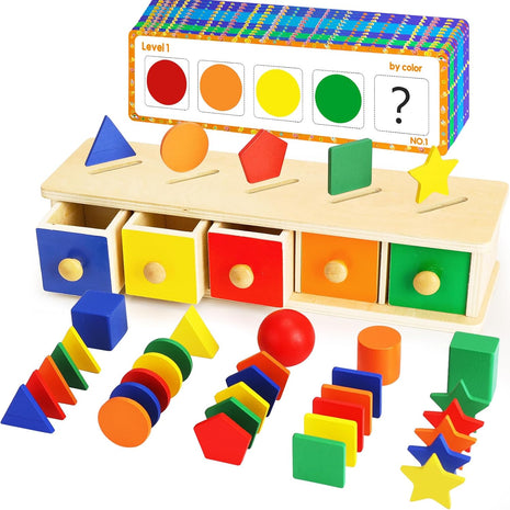 Peacurh Montessori Toys Wooden Color & Shape Sorter Toys for Toddlers, Matching Box Sorting Blocks Manipulatives Preschool Learning Educational Toy for 3 4 Year Old Boy Girl Kid Gifts