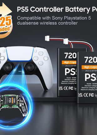 PS5 Controller Battery, High Capacity 2x7200mWh Rechargeable PS5 Battery Pack for Dualsense Controller with Black Skin, Replacement Batteries for PlayStation 5 with Screwdriver Tool Set