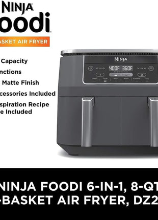 Ninja DZ201 Foodi 8 Quart 6 in 1 DualZone 2 Basket Air Fryer with 2 Independent Frying Baskets, Match Cook & Smart Finish to Roast, Broil, Dehydrate & More for Quick, Easy Meals, Grey