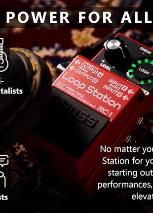 Boss RC 1 Loop Station Bundle with Gearlux Power Supply, Instrument Cable, Patch Cable, and Picks