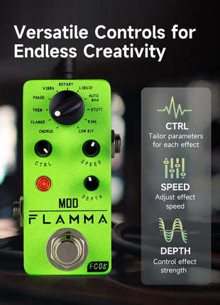 FLAMMA FC05 Mini Modulation Pedal with Chorus Flanger Tremolo Phaser Vibrato Rotary Liquid Autowah Stutter Ring LowBit