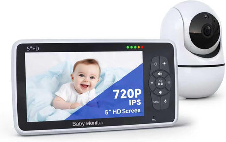 Baby Monitor with Camera and Audio, 5inch IPS Display 720P HD, 4000mAh Long Battery Life, Pan-Tilt-Zoom, No WiFi, VOX Mode, Night Vision, 2-Way Audio, Temperature Sensor & Lullabies