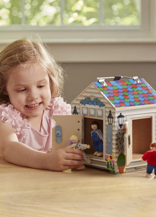 Melissa & Doug Take-Along Wooden Doorbell Dollhouse - Doorbell Sounds, Keys, 4 Poseable Wooden Dolls Portable Doll House, Doorbell House for Kids Ages 3+