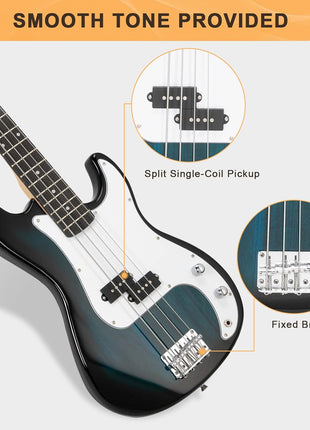 GLARRY Full Size Electric Bass Guitar with 20W AMP, 4 String Beginner Starter Kit with Accessories including Cable, Strap, Bag for Kids and Adults (Dark blue)