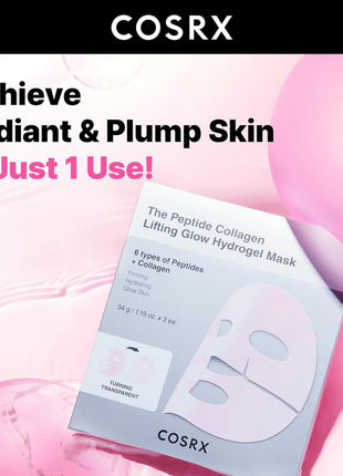 COSRX The Peptide Collagen Hydrogel Pack, Mask Pack, Pack of 3, Resilient, Glossy, Shiny, Moisture, Moisture, Lifting, Collagen Mask, Gel Mask, Tested for Human Body, Cosar X, Essence, Skin Care, Korean Cosmetics