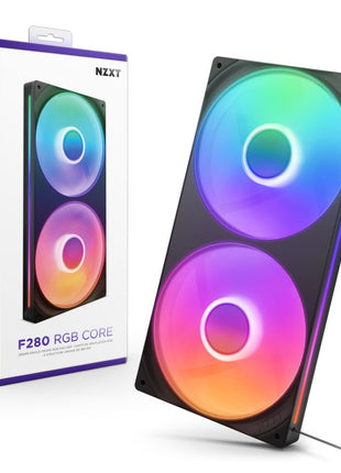 NZXT F280 RGB Core - 280mm Single-Frame RGB Fan Unit - Black | 280mm single-frame unit with two 140mm RGB fans on one cable. Speed and lighting controlled through CAM.