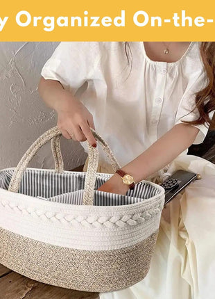 Baby Changing Basket Set with Diaper Caddy Organizer Macrame Boho Moses Basket for Babies, Handmade 100% Cotton Rope, Woven Portable Nursery Decor Waterproof Pad & Floral Pad