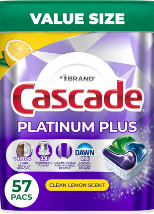 Cascade Platinum Plus Dishwasher Pods, Dishwasher Detergent, Dish Detergent Soap, Lemon, 57 Count