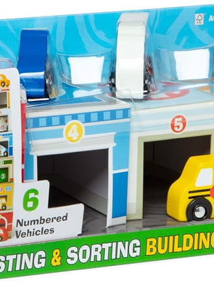 Melissa & Doug Nesting and Sorting Blocks - 6 Buildings, 6 Wooden Vehicles - FSC Certified