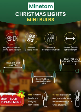 Minetom Clear Christmas String Lights 100 Count 20 Feet Incandescent Bulb Mini Lights for Indoor Xmas Tree Garland Birthday Wedding Party Festival Decoration, Green Wire
